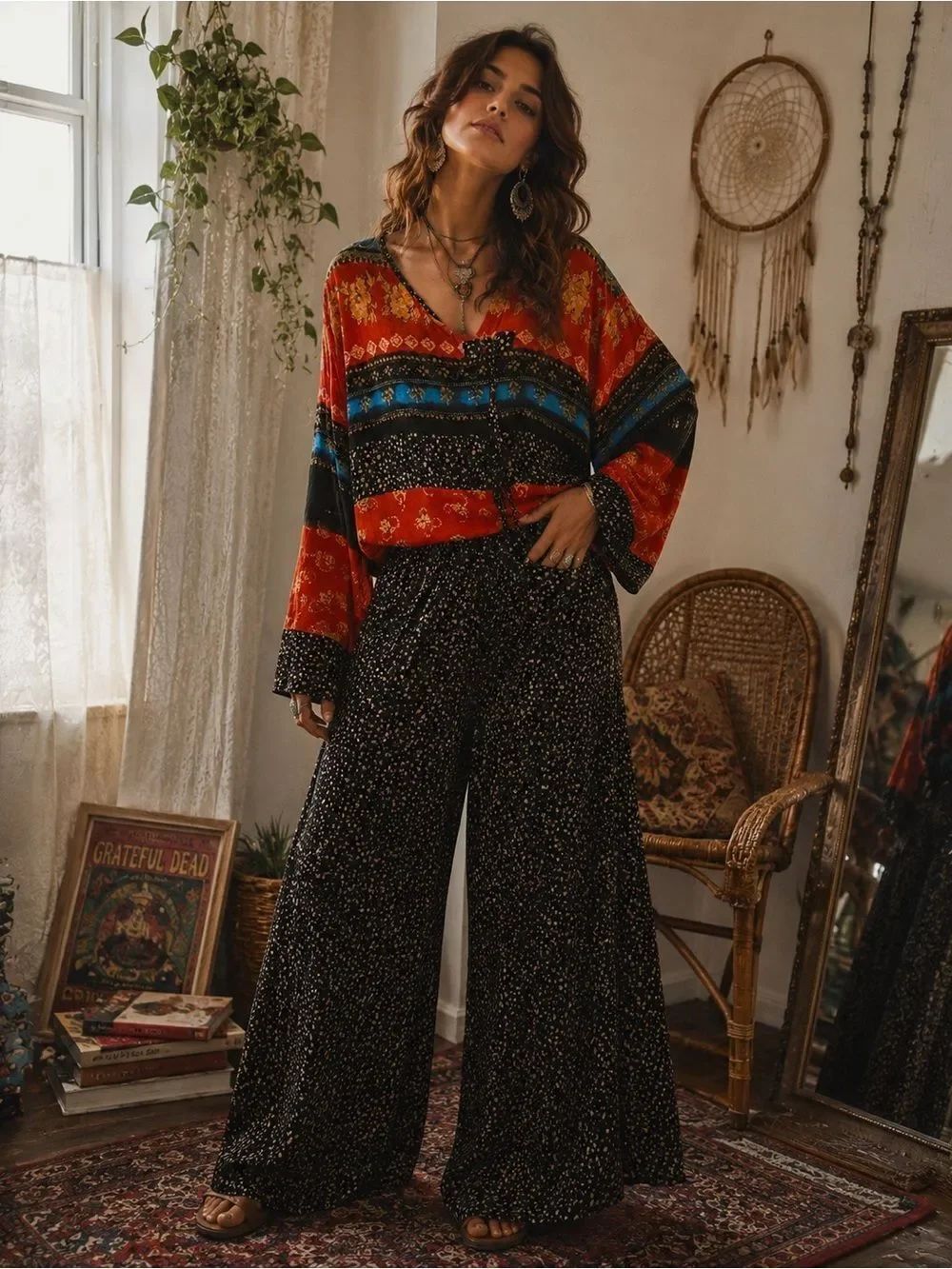 VTG Carole Little Orange Black Blue Tan Floral Polka Dot Wide Leg 2 Piece Outfit